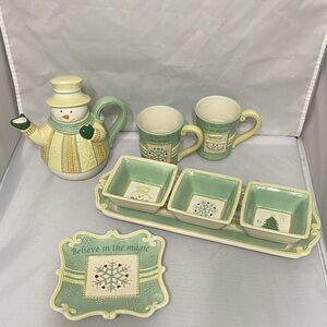 GANZ Snowman Tea Set with Green and Yellow Accents
